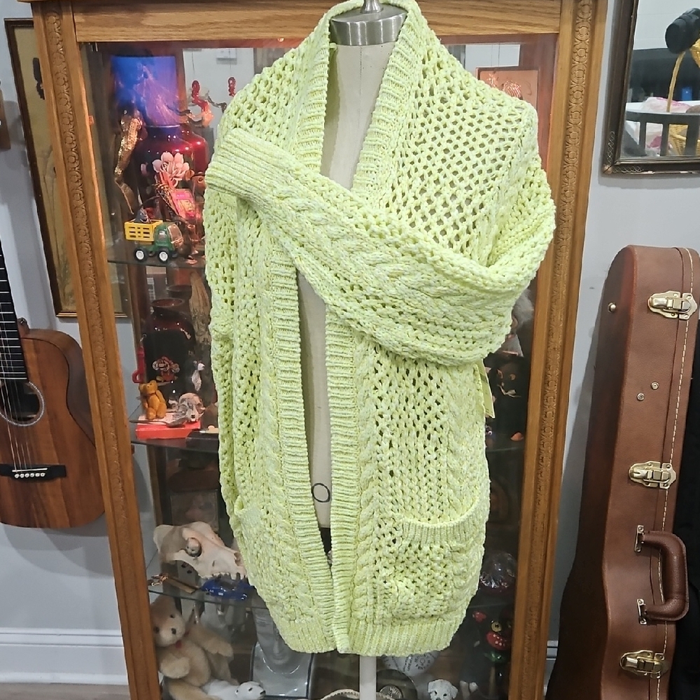 Nwt Anthropologie Light Neon Green Yellow Knit Cardigan Medium Large